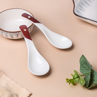 Ceramic Soup Spoon White And Brown Set Of 2