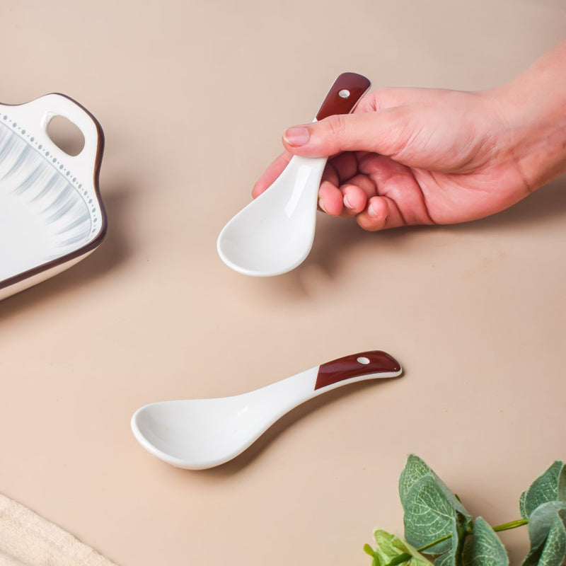Ceramic Soup Spoon White And Brown Set Of 2