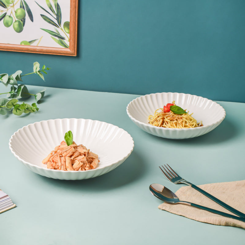 Riona Ribbed Ceramic Pasta Dish White 9 Inch - Serving plate, pasta plate, lunch plate, deep plate | Plates for dining table & home decor