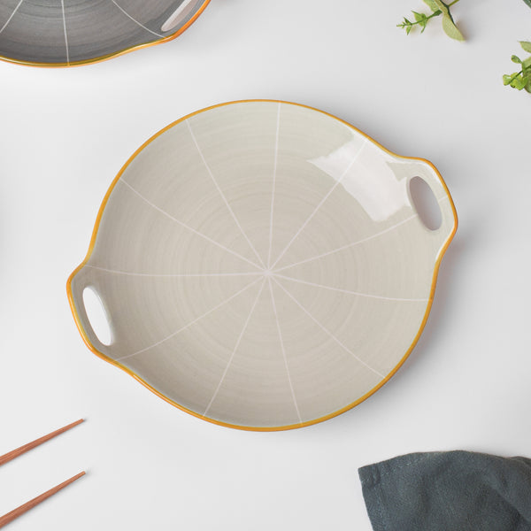 Willow Light Grey Round Plate With Handle 9.5 inch - Ceramic platter, serving platter, fruit platter | Plates for dining table & home decor