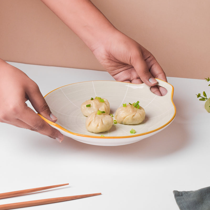 Willow Light Grey Round Plate With Handle 9.5 inch - Ceramic platter, serving platter, fruit platter | Plates for dining table & home decor