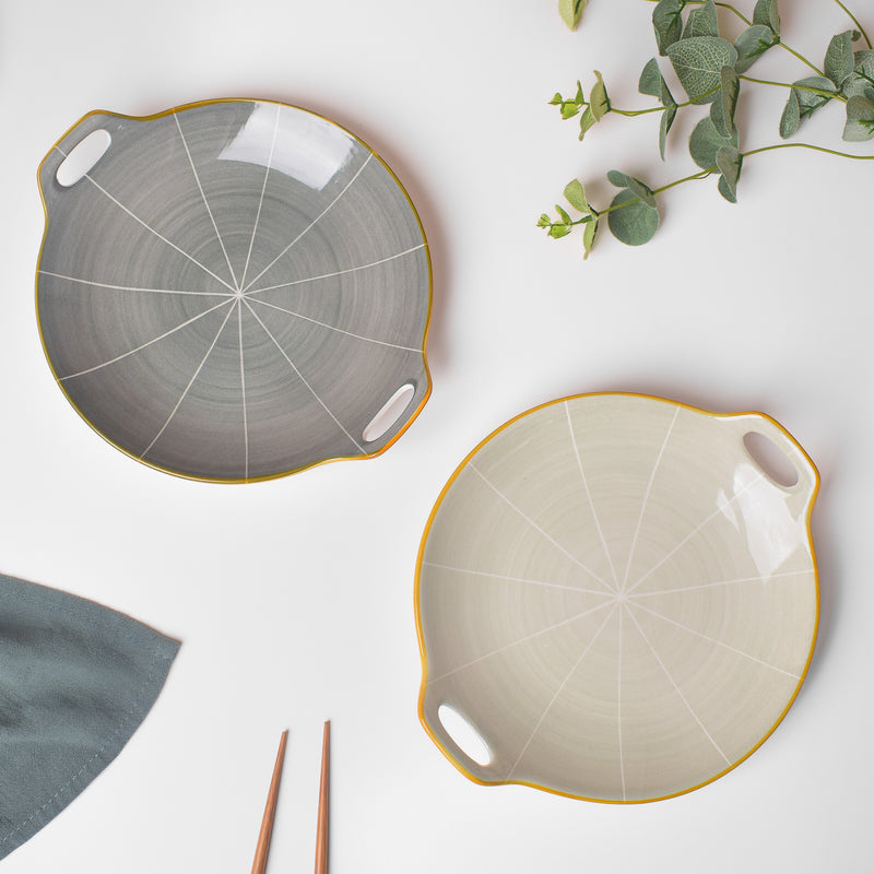 Willow Light Grey Round Plate With Handle 9.5 inch - Ceramic platter, serving platter, fruit platter | Plates for dining table & home decor