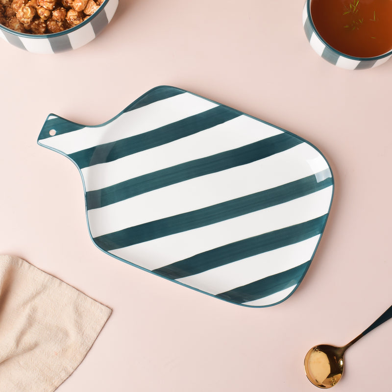 Sailor Striped Green Platter With Handle 10 Inch - Ceramic platter, serving platter, fruit platter | Plates for dining table & home decor