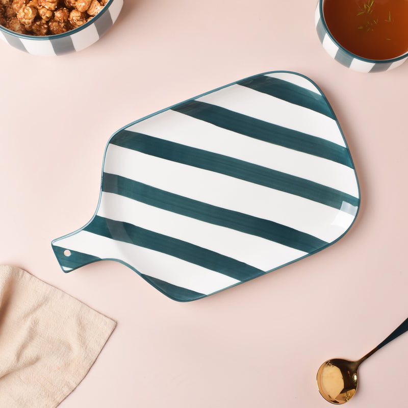 Sailor Striped Green Platter With Handle 10 Inch - Ceramic platter, serving platter, fruit platter | Plates for dining table & home decor