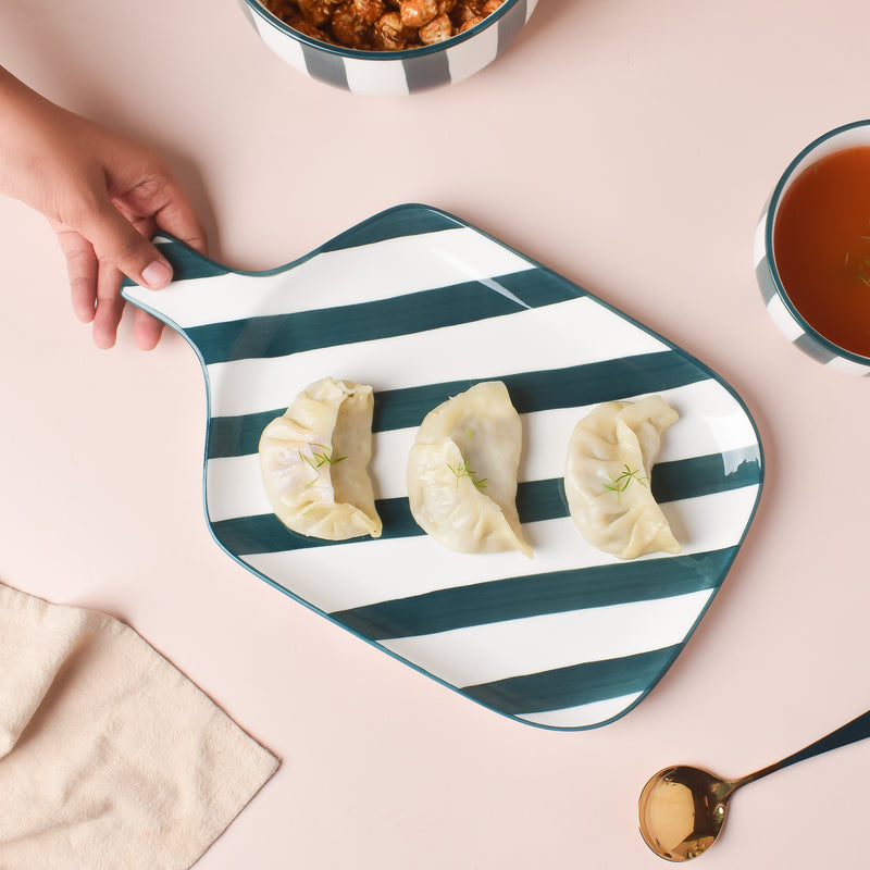 Sailor Striped Green Platter With Handle 10 Inch - Ceramic platter, serving platter, fruit platter | Plates for dining table & home decor