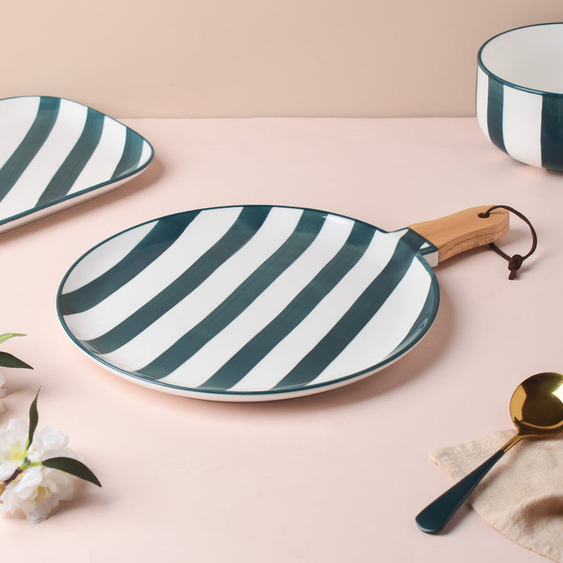 Sailor Striped Platter With Wooden Handle 10 Inch - Ceramic platter, serving platter, fruit platter | Plates for dining table & home decor