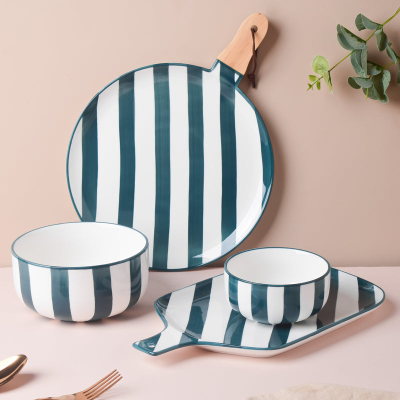 Sailor Striped Platter With Wooden Handle 10 Inch - Ceramic platter, serving platter, fruit platter | Plates for dining table & home decor