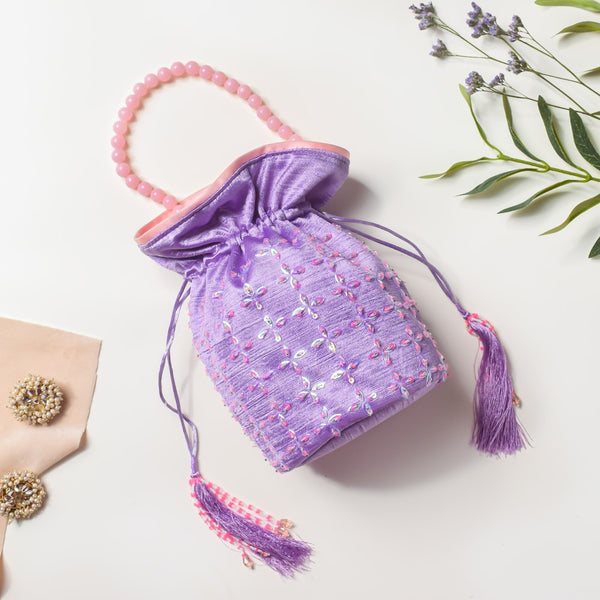 Amyra Sequins Floral Potli Bag Lavender