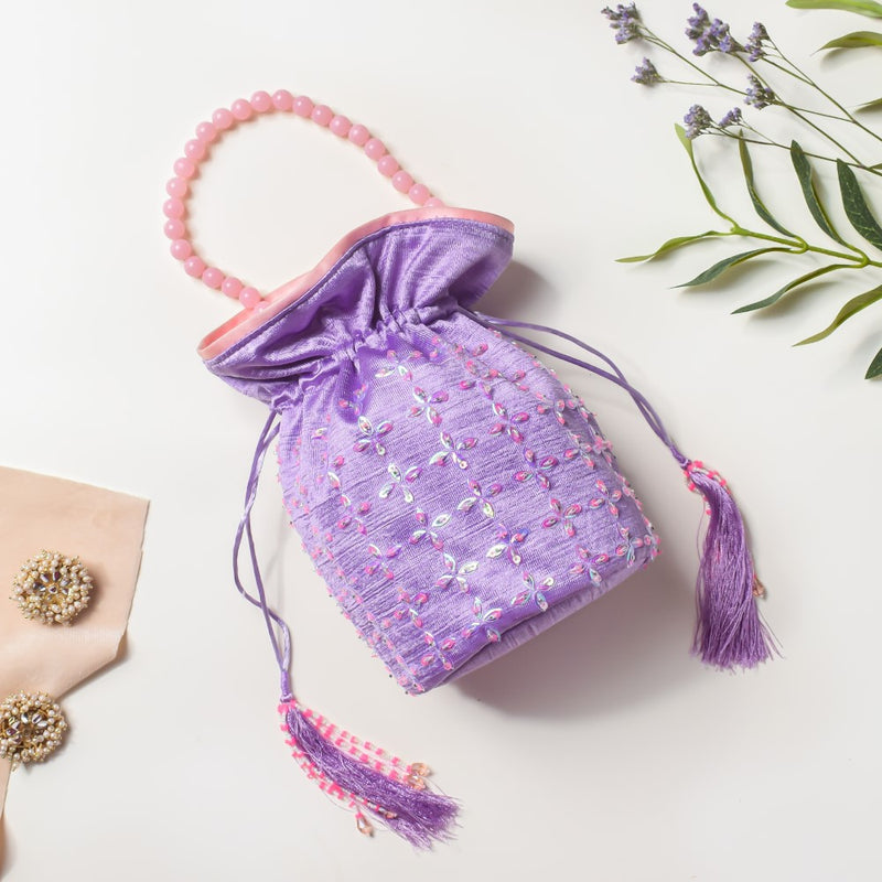 Amyra Sequins Floral Potli Bag Lavender