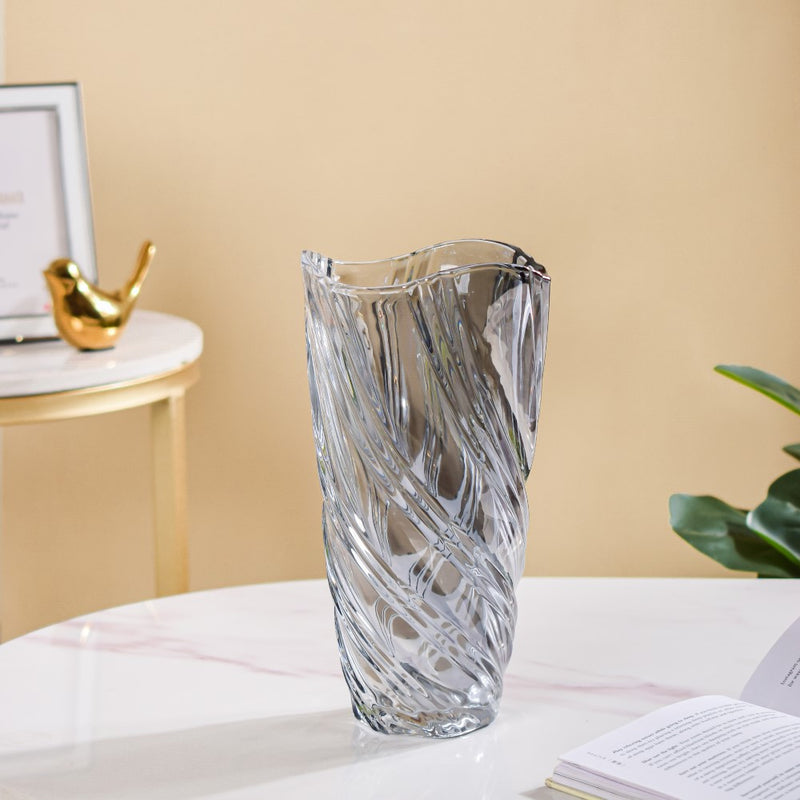 Spiral Glass Flower Vase Grey Small 9 Inch