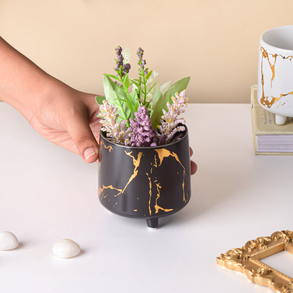 Halcyon Gold Black Marble Ceramic Planter With Legs Small