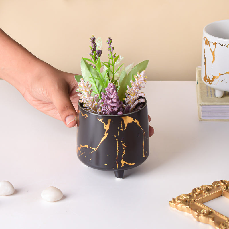Halcyon Gold Black Marble Ceramic Planter With Legs Small - Indoor planters and flower pots | Home decor items