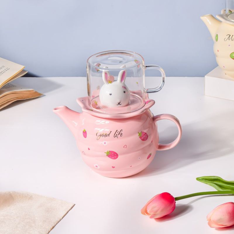 Bunny Tea Cup And Kettle Pink - Teapot set, tea set, kettle and cup set | Tea set for Dining table & Home decor