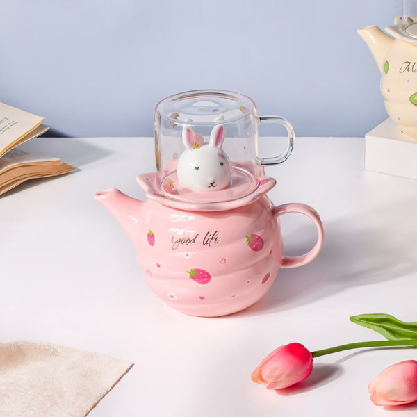 Bunny Tea Cup And Kettle Pink