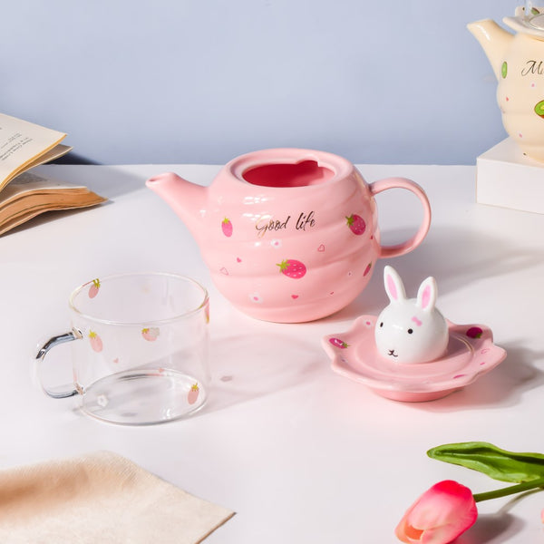 Bunny Tea Cup And Kettle Pink