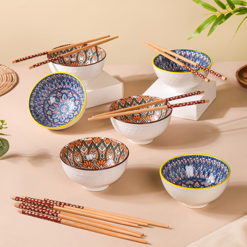 Mandala Snack Bowl & Chopstick Multicolour Set Of 12 - Bowl, soup bowl, ceramic bowl, snack bowls, curry bowl, popcorn bowls | Bowls for dining table & home decor