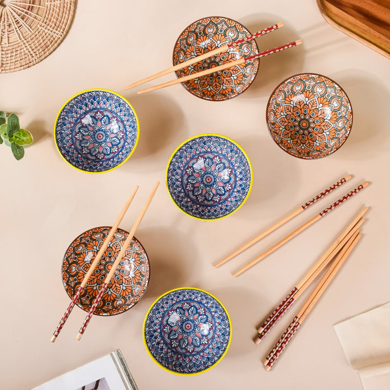 Mandala Snack Bowl & Chopstick Multicolour Set Of 12 - Bowl, soup bowl, ceramic bowl, snack bowls, curry bowl, popcorn bowls | Bowls for dining table & home decor
