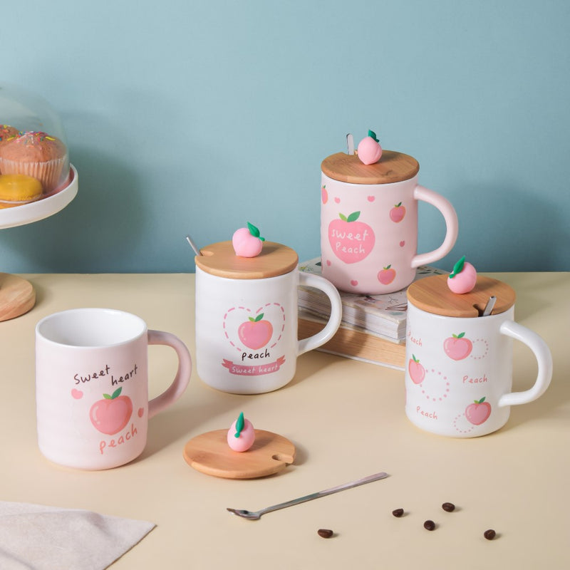 Morning Tea Mug Peach Patterned With Lid And Spoon 350 ml- Mug for coffee, tea mug, cappuccino mug | Cups and Mugs for Coffee Table & Home Decor