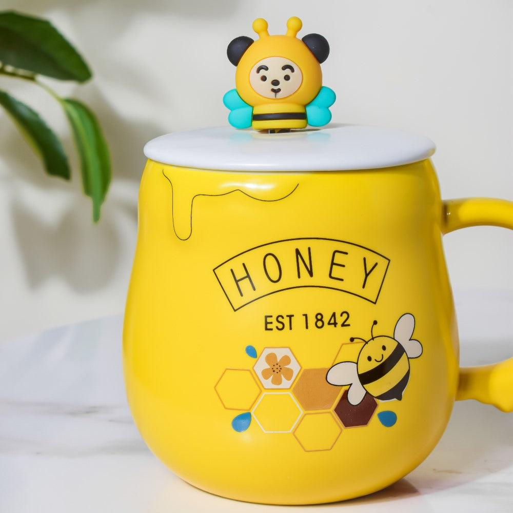 450ML Ceramic Honey Cup With Cover And Spoon Cute Bee Cartoon