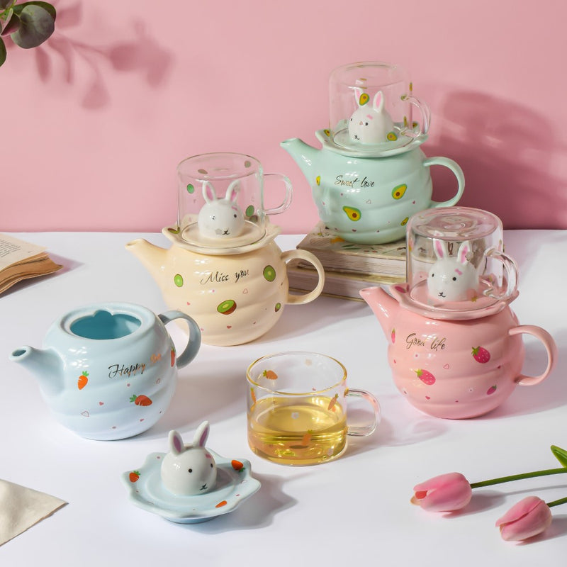 Bunny Tea Cup And Kettle Mint Green - Tea cup set, tea set, teapot set | Tea set for Dining Table & Home Decor