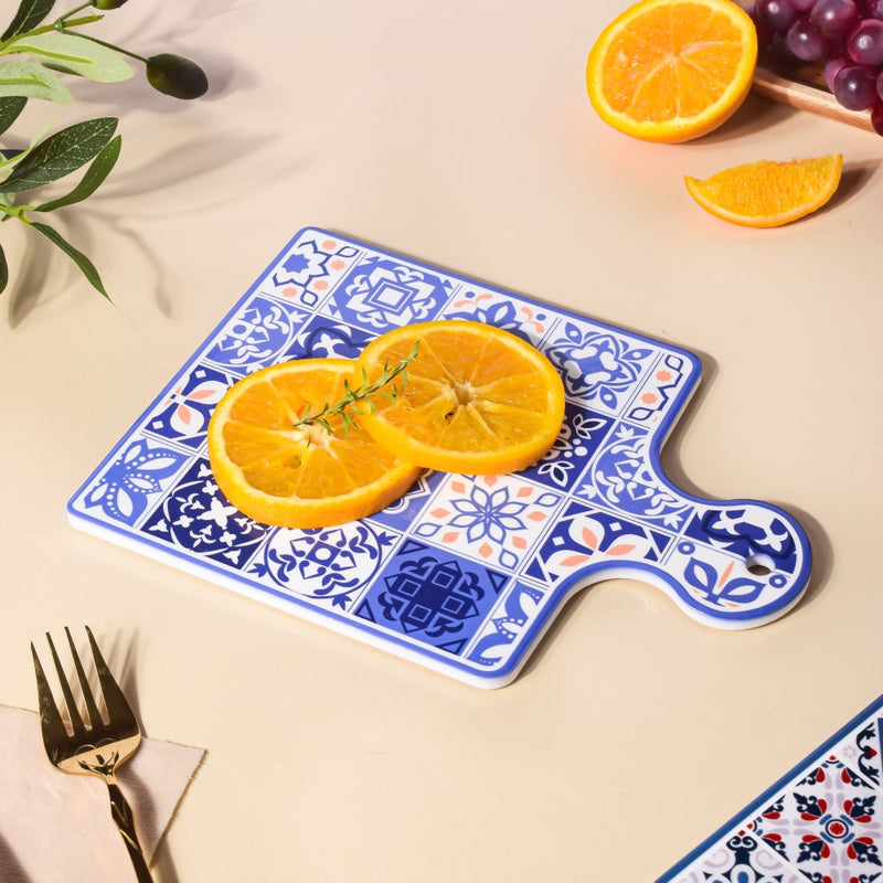 Ethnic Platter With Handle Blue 9 Inch - Ceramic platter, serving platter, fruit platter | Plates for dining table & home decor