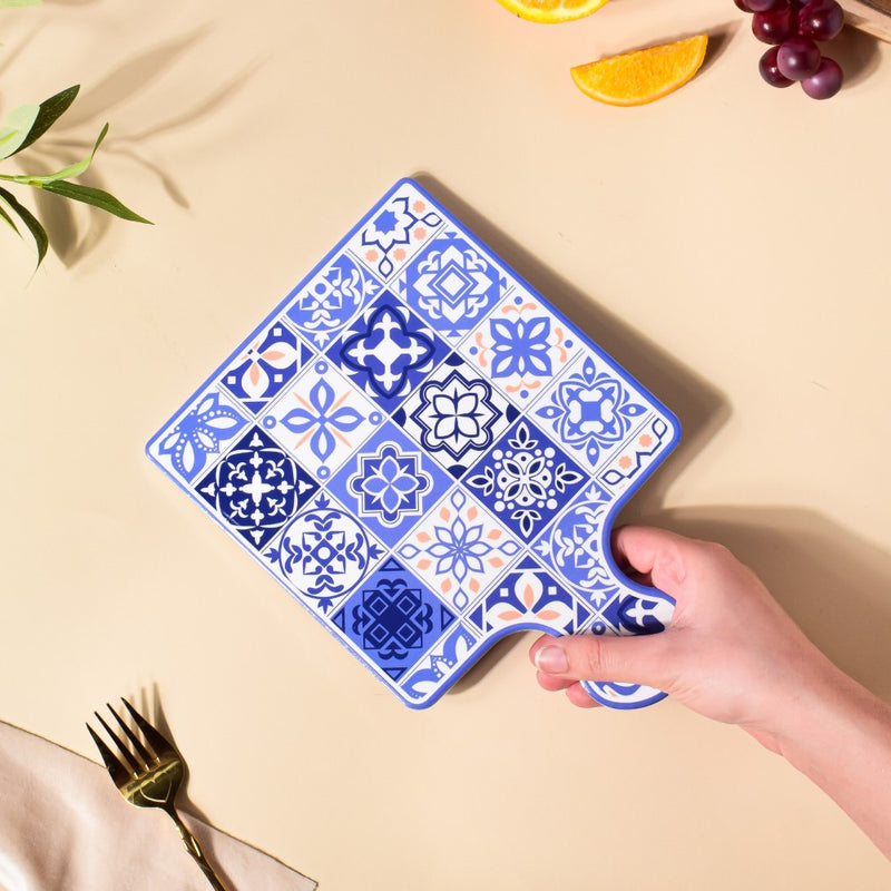 Ethnic Platter With Handle Blue 9 Inch - Ceramic platter, serving platter, fruit platter | Plates for dining table & home decor