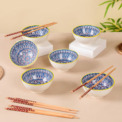 Mandala Ceramic Bowl And Chopstick Multicolour Set Of 12 - Bowl,ceramic bowl, snack bowls, curry bowl, popcorn bowls | Bowls for dining table & home decor