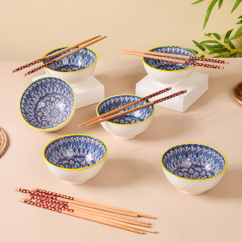 Mandala Ceramic Bowl And Chopstick Multicolour Set Of 12 - Bowl,ceramic bowl, snack bowls, curry bowl, popcorn bowls | Bowls for dining table & home decor