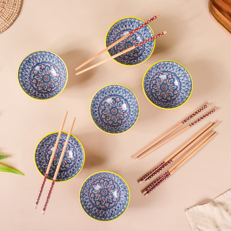 Mandala Ceramic Bowl And Chopstick Multicolour Set Of 12 - Bowl,ceramic bowl, snack bowls, curry bowl, popcorn bowls | Bowls for dining table & home decor