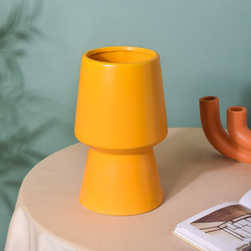 Aureolin Ceramic Matte Vase Yellow - Flower vase for home decor, office and gifting | Home decoration items