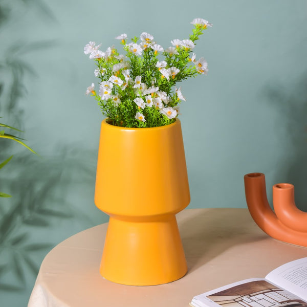 Aureolin Ceramic Matte Vase Yellow - Flower vase for home decor, office and gifting | Home decoration items