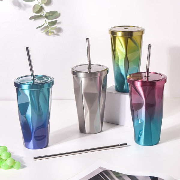 Double Walled Tumbler With Straw Silver 500ml- Sippers, sipping cup, travel mug | Sippers for Travelling & Home decor