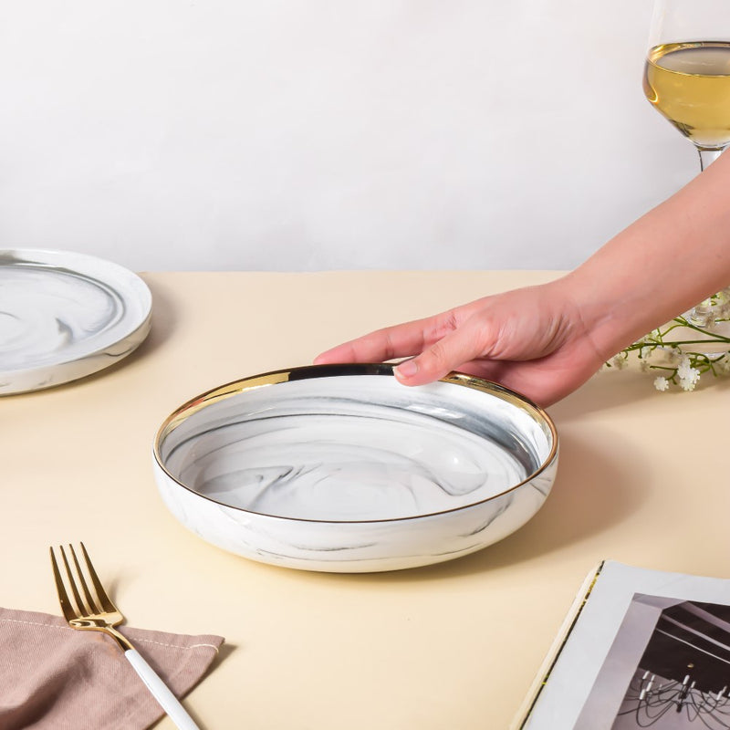 Marble Patterned Ceramic Deep Plate Grey 8 Inch - Serving plate, pasta plate, lunch plate, deep plate | Plates for dining table & home decor