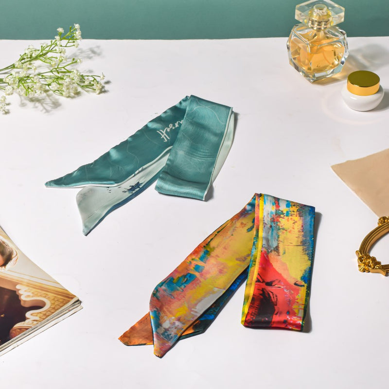 Satin Skinny Scarf Blue And Multicolour Set of 2 38 Inch