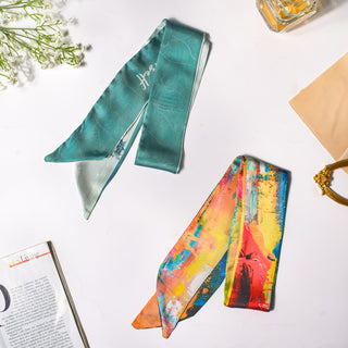 Satin Skinny Scarf Blue And Multicolour Set of 2 38 Inch