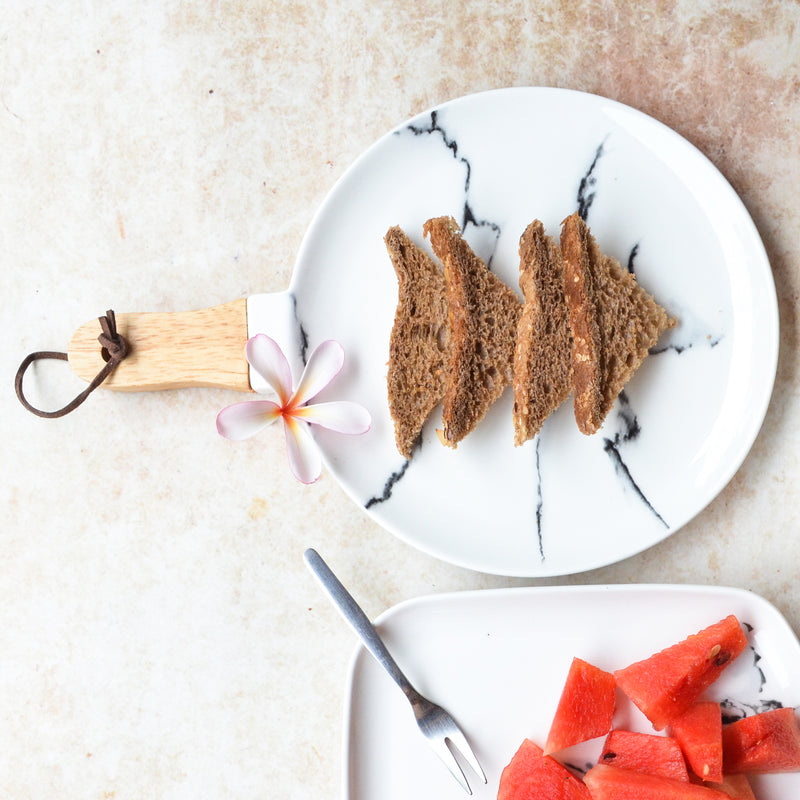 CHICERAMIC marble plate with wooden handle - S - Ceramic platter, serving platter, fruit platter, snack plate | Plates for dining table & home decor