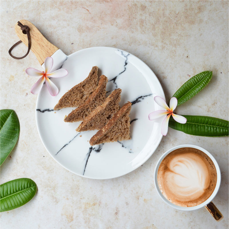 CHICERAMIC marble plate with wooden handle - S - Ceramic platter, serving platter, fruit platter, snack plate | Plates for dining table & home decor