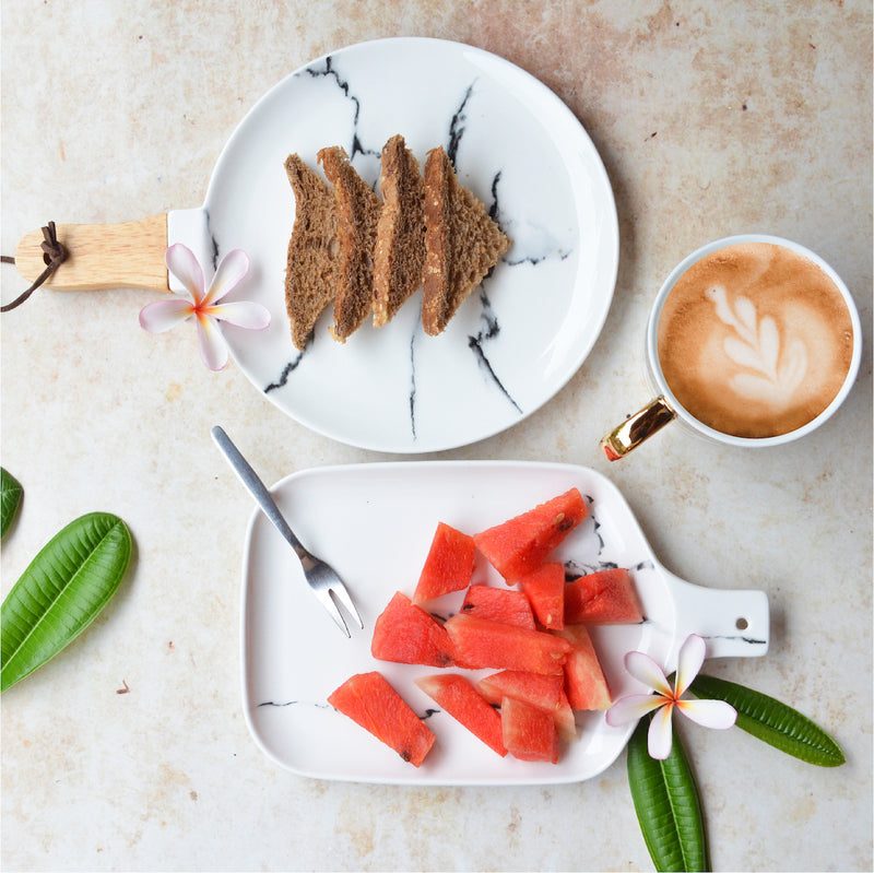 CHICERAMIC marble plate with wooden handle - S - Ceramic platter, serving platter, fruit platter, snack plate | Plates for dining table & home decor
