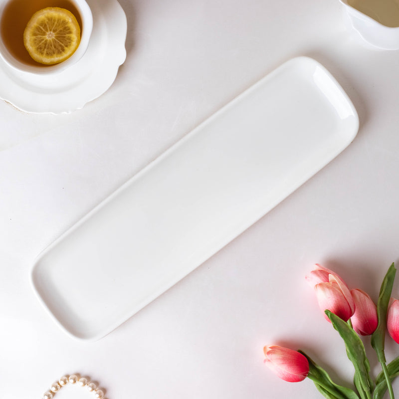 Serena Snowy White Long Platter 14 Inch - Ceramic platter, serving platter, fruit platter | Plates for dining table & home decor