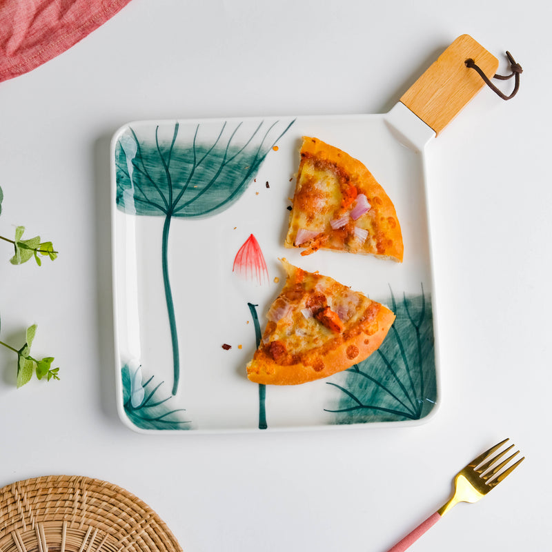 Lotus Leaf Square Platter With Handle 12 Inch Large - Ceramic platter, serving platter, fruit platter | Plates for dining table & home decor