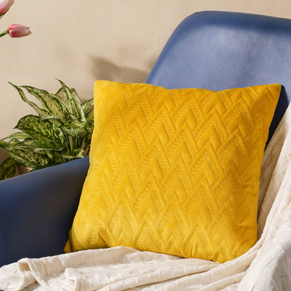 Geometric Yellow Quilted Velvet Cushion Cover 16 inch