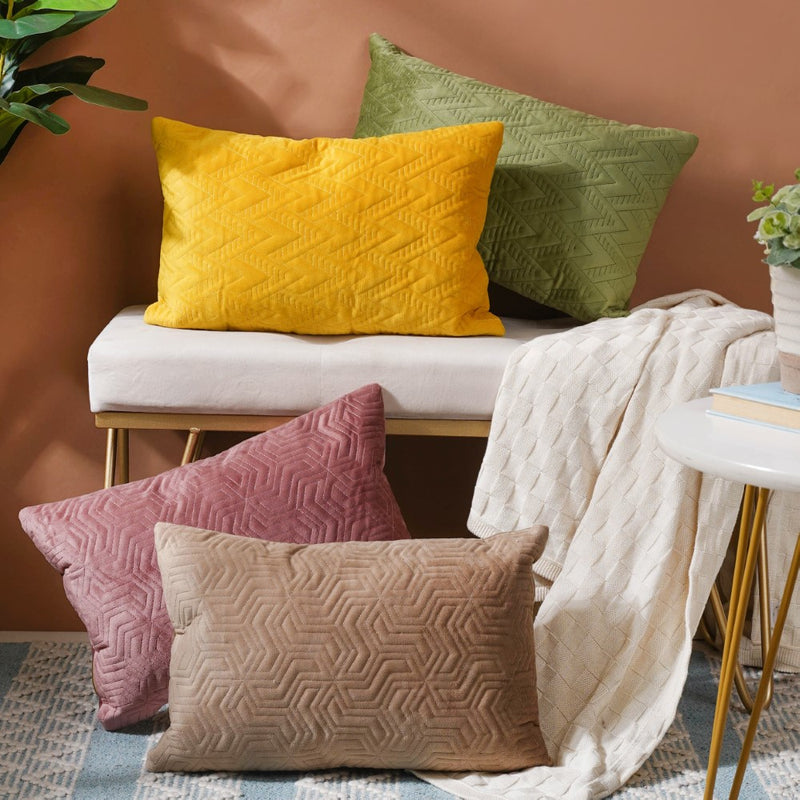 Eclectic Rectangle Velvet Cushion Cover Beige 12x18 inch
