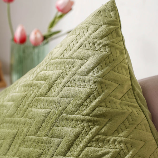 Sage Green Geometric Quilted Velvet Cushion Cover 16 Inch