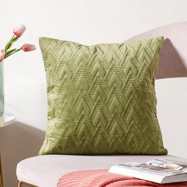 Sage Green Geometric Quilted Velvet Cushion Cover 16 Inch