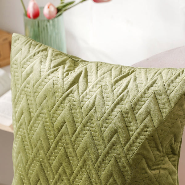 Sage Green Geometric Quilted Velvet Cushion Cover 16 Inch
