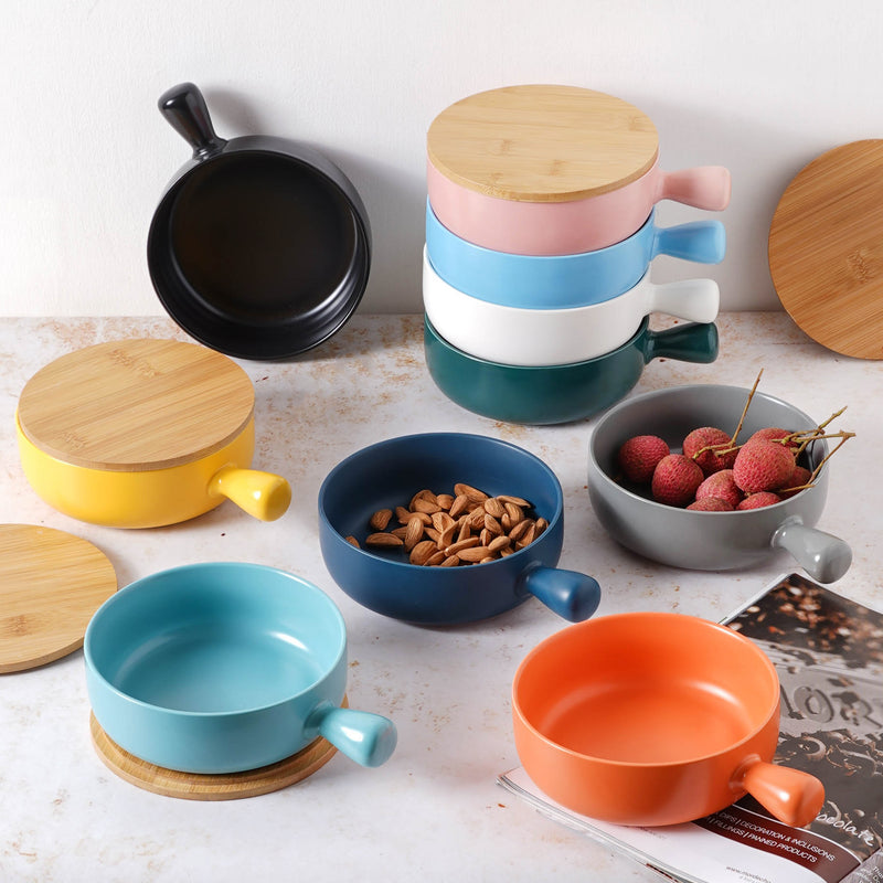 Oven Bowl With Lid - Ceramic bowl, salad bowls, serving bowl with lid, snack bowls, bowl with handle, oven bowl | Bowls for dining table & home decor