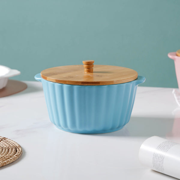 Bliss Blue Scalloped Pot With Lid 8 Inch - Serving bowl with lid, ceramic bowls with lids, noodle bowl, bowl for snacks | Bowls for dining table & home decor