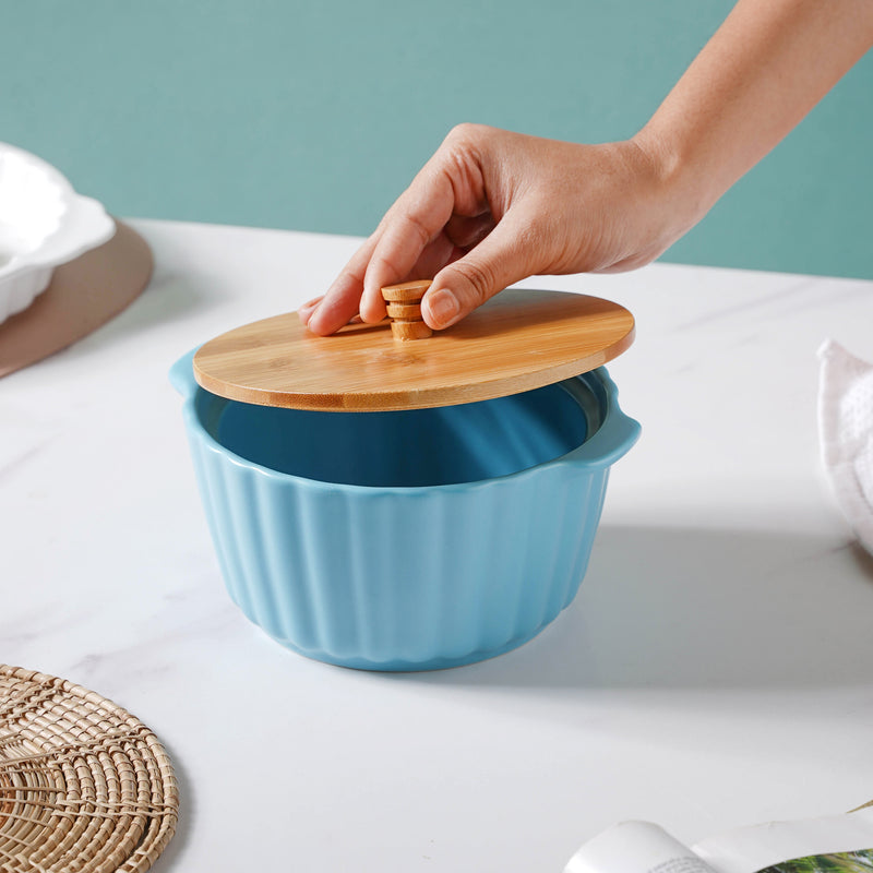Bliss Blue Scalloped Pot With Lid 8 Inch - Serving bowl with lid, ceramic bowls with lids, noodle bowl, bowl for snacks | Bowls for dining table & home decor