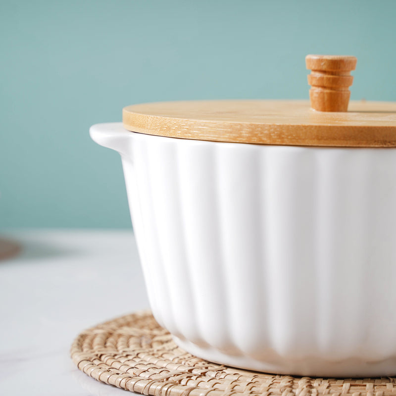 Snow White Scalloped Pot With Lid 8 Inch - Serving bowl with lid, ceramic bowls with lids, noodle bowl, bowl for snacks | Bowls for dining table & home decor