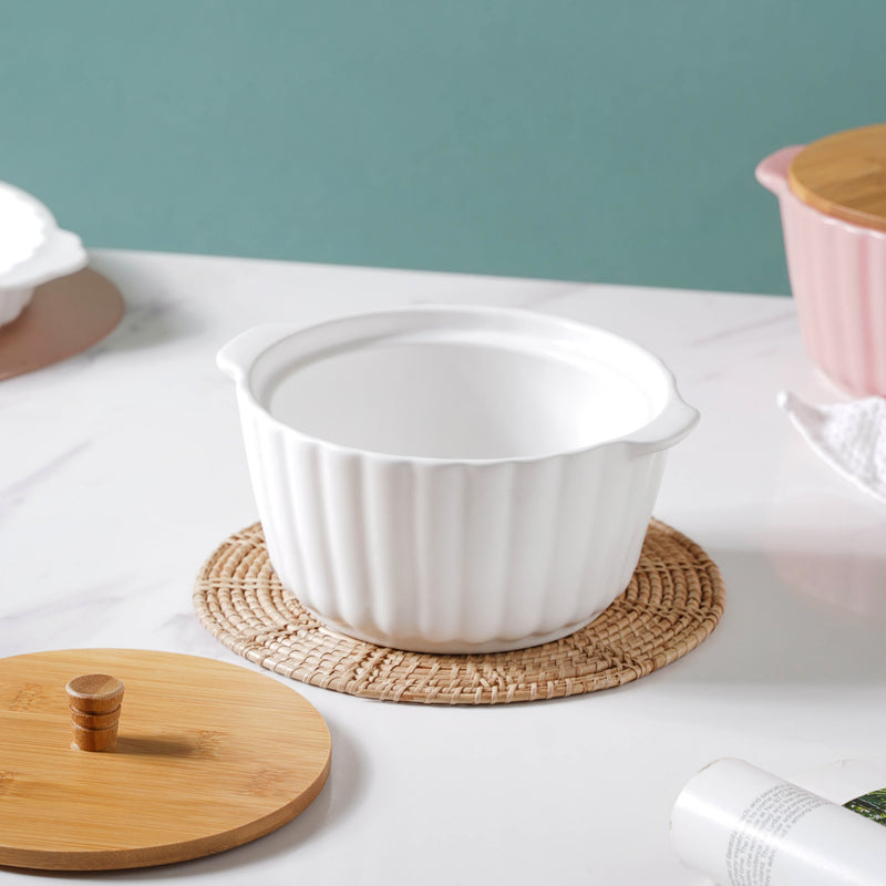 Snow White Scalloped Pot With Lid 8 Inch - Serving bowl with lid, ceramic bowls with lids, noodle bowl, bowl for snacks | Bowls for dining table & home decor